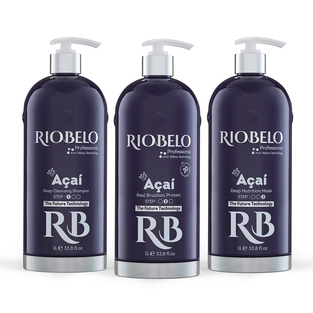1L Brazilian made Açaí Deep Cleansing Shampoo, Açaí Protein, and Açaí Deep Nutrition Mask for Dyed Hair by RIOBELO